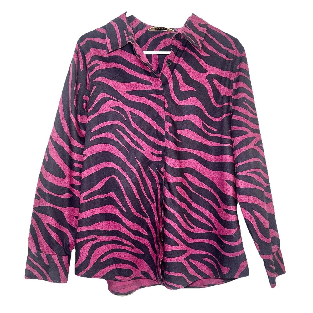 Investments Gold Label Brooke Zebra Print Button Up Blouse Purple Black Size 8